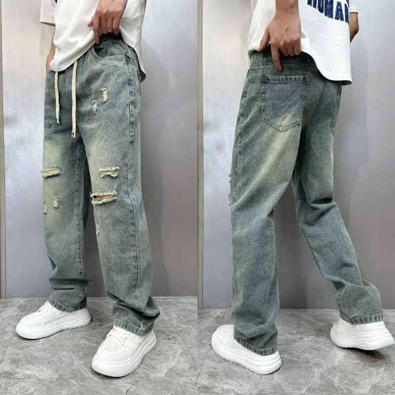 

Men's Loose Fit Casual Jeans Spring Summer Distressed Straight Leg Wear Resistant Washed out Loose Cuffed Leisure Trousers