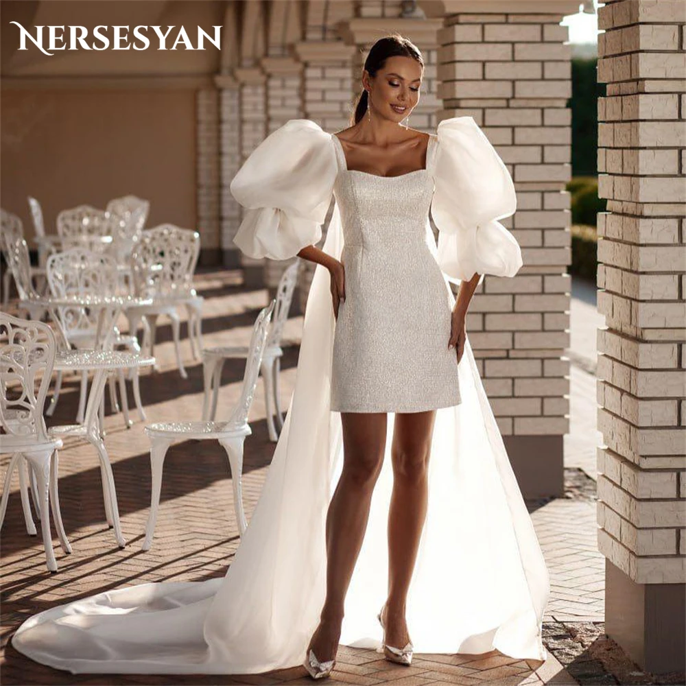 

Nersesyan Elegant Glitter Short Wedding Dresses Puff Sleeves Sequins Bridal Gowns Organza Train Shiny Bride Dress Customized