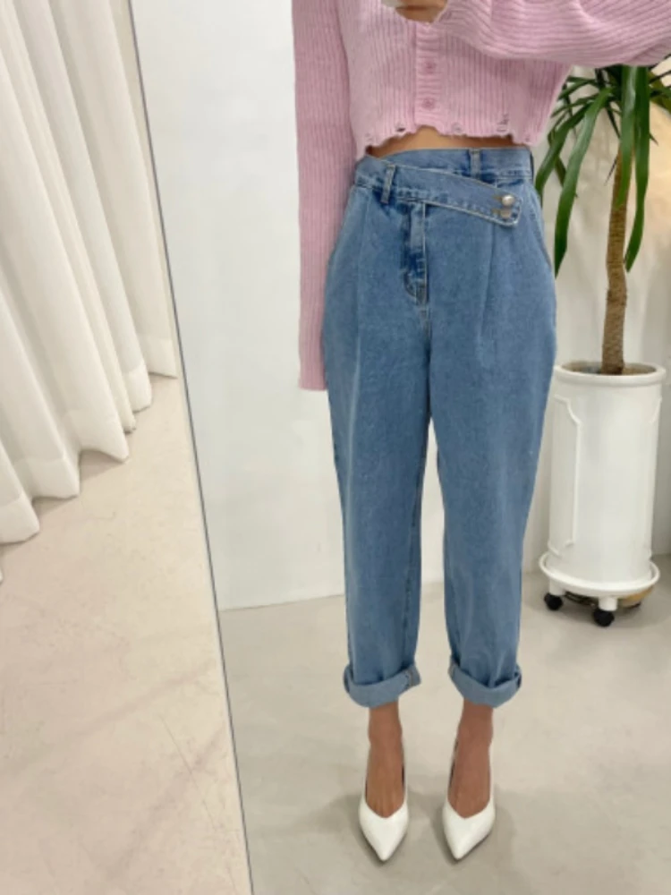 Spot retro straight harem pants women high waist baggy calf length jeans pants woman casual korean chic denim pants