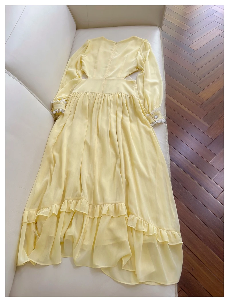Ele bordado diamante ahueca hacia fuera el largo Dr color amarillo vacaciones falda acampanada de cintura alta Dr para mujer para Par Weddin...