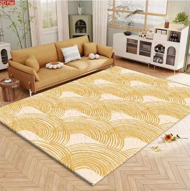Abstract Golden Hand‑Drawn Arch Wave Line carpet flooring, Boho Minimalist Curved Repeating Print Area Rug for Living Room Bedroom Home Decor