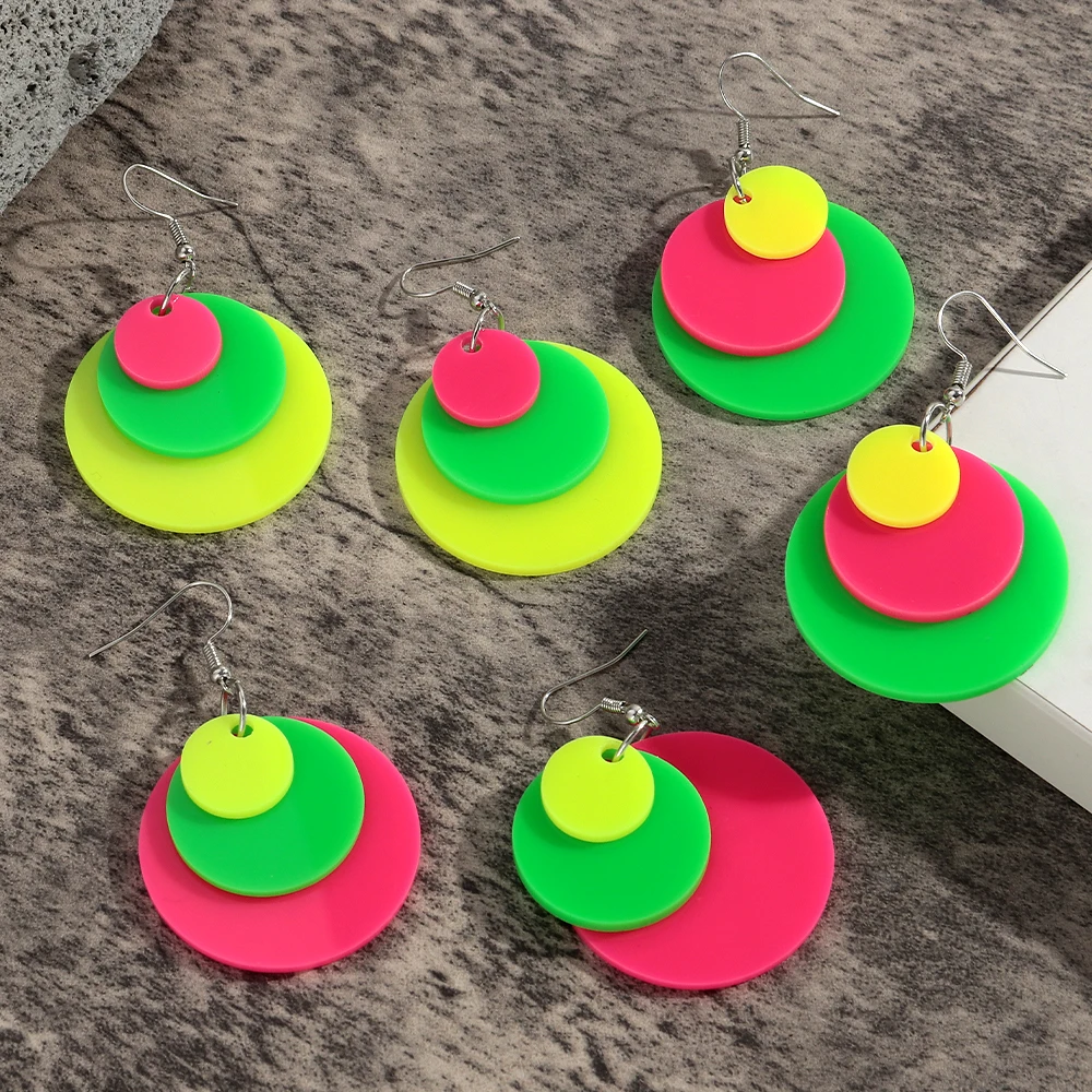 Neon Layered Circle Acrylic Dangle Earrings for Women Retro Fluorescent Multi Disc Drop Earrings Party Festival Jewelry Gift