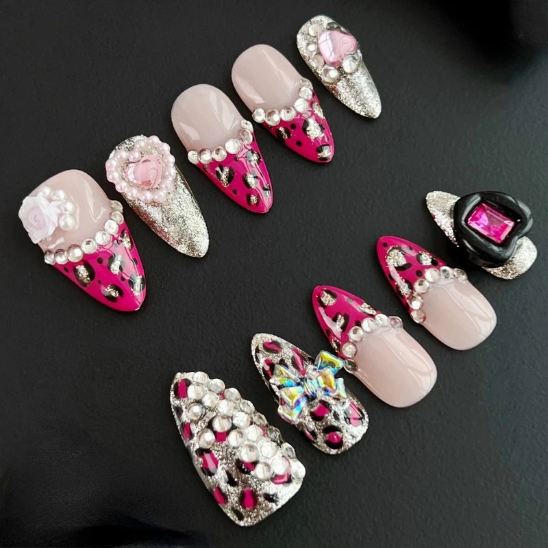 Pressione unhas feitas à mão com brilho de leopardo, vermelho AB strass design curto amêndoa unhas falsas, presente para festa de aniversário, reutilização, 10pcs