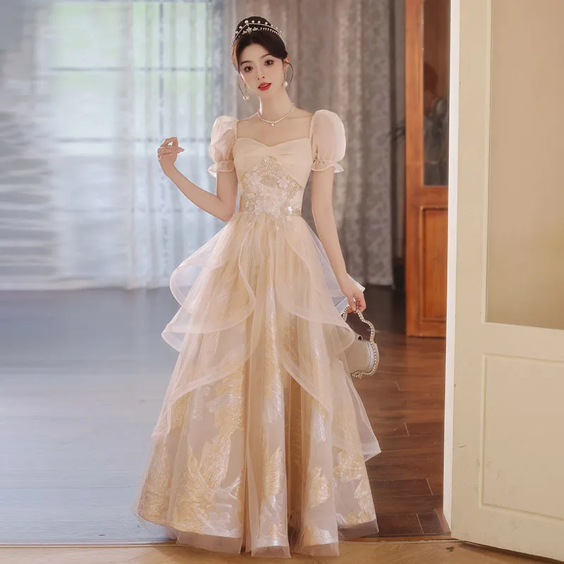 

French Style One Shoulder Evening Dress for Women High-end Square Neck Banquet Dresses Light Luxury Appliques Prom Gowns