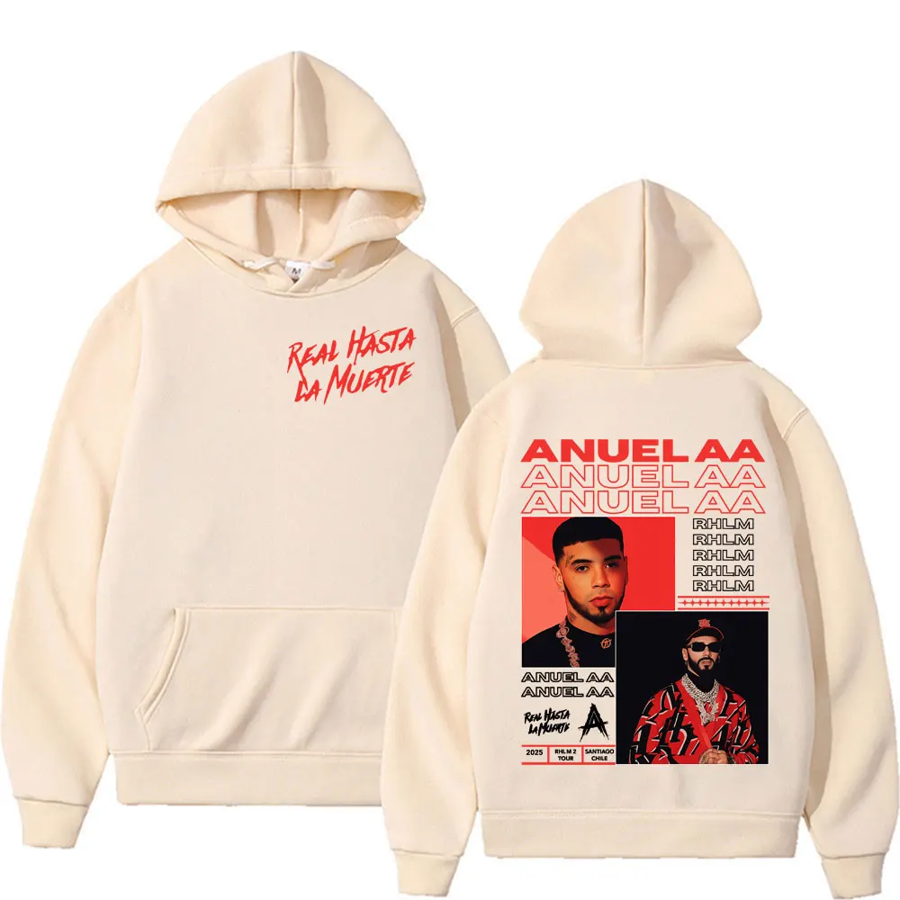 Anuel AA Rhlm 2 Real Hasta La Muerte 2025 جولة هوديي الشارع الشهير خمر الكلاسيكية طويلة الأكمام بلوزات الرجال النساء فضفاض هوديس