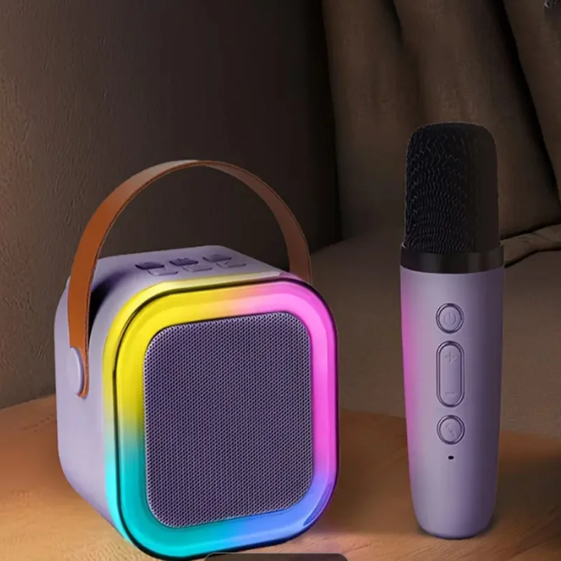 آلة كاريوكي محمولة مع ميكروفونات لاسلكية مزدوجة، وأضواء LED، وتصميم مدمج، مثالية للعطلات والحفلات والمتعة العائلية - الغناء