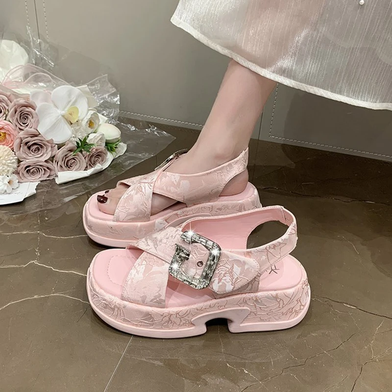 

Pink Sweet Chunky Platform Sandals Trendy Rhinestone Buckle Thick Sole Women's Sandals Summer Beach Party Casual woman shoes