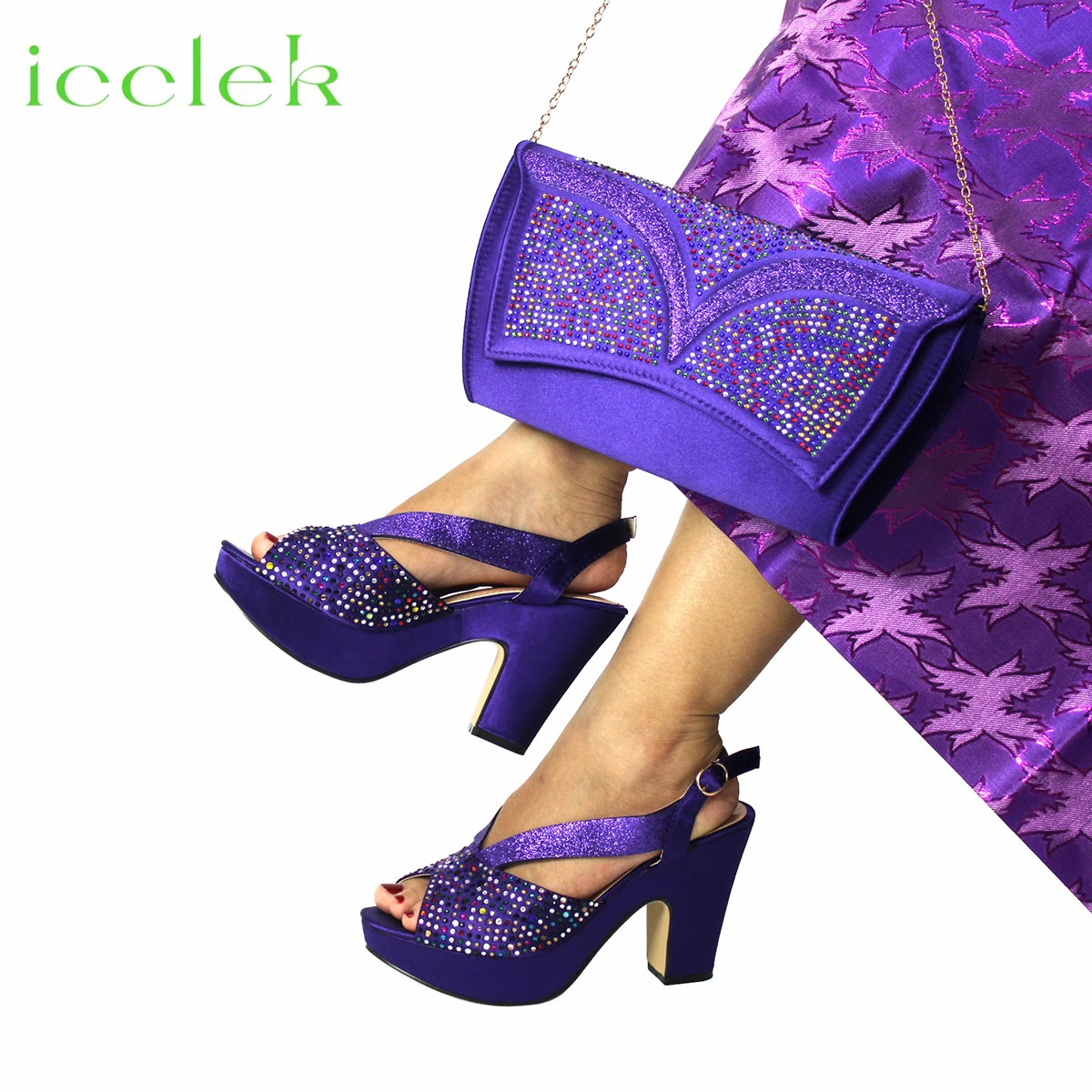 Purple Color 2023 New Design African Women Shoes and Bag Set Peep Toe with Shinning Crystal for Wedding Party