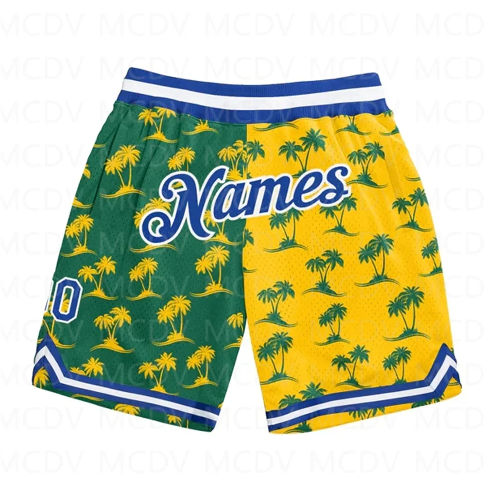 Shorts de praia masculino estampado em todo o lado, personalizado verde kelly, roxo-dourado, padrão 3D, palmeiras, abacaxis, secagem rápida