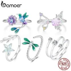 Bamoer 진짜 925 스털링 실버 꽃 새 잠자리 나비 오픈 링, 여성용 파인 S925 쥬얼리 생일 선물