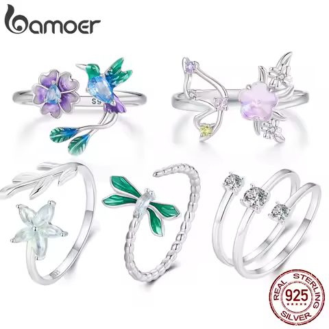 Bamoer Genuine 925 Sterling Silver Floral Bird Dragonfly Butterfly Open Ring For Women Fine S925 Jewelry Birthday Gift