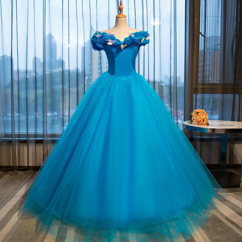 Vestido de baile de quinceañera Simple azul, vestido de baile de Cenicienta, dulce y elegante, hombros descubiertos, largo hasta el suelo, hecho a medida, nuevo, 2023