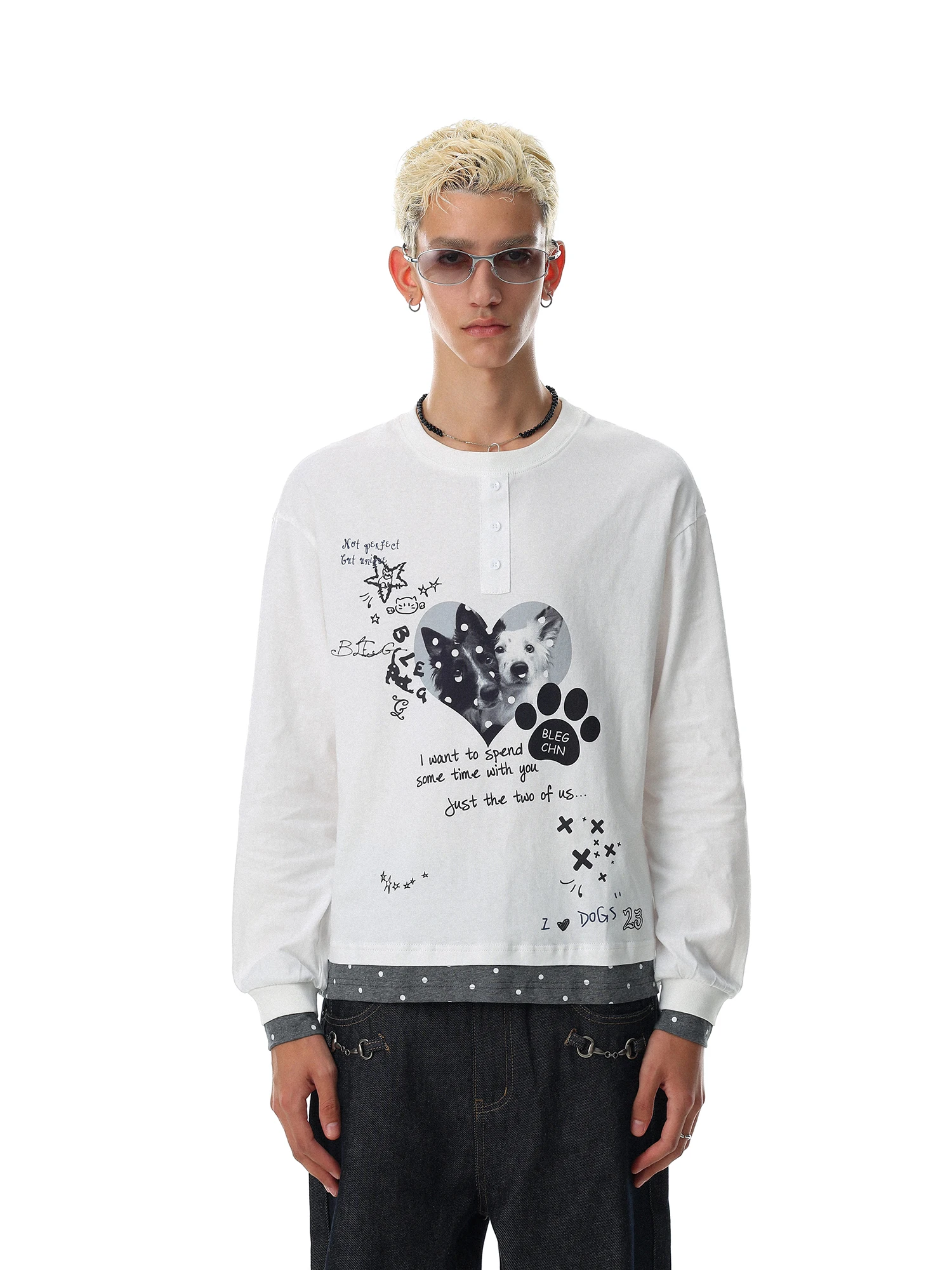 MRNEARLY American Retro Long Sleeve T-Shirt Men Summer Loose round Neck Fashion Brand Top Dog Print Casual Cotton Breathable