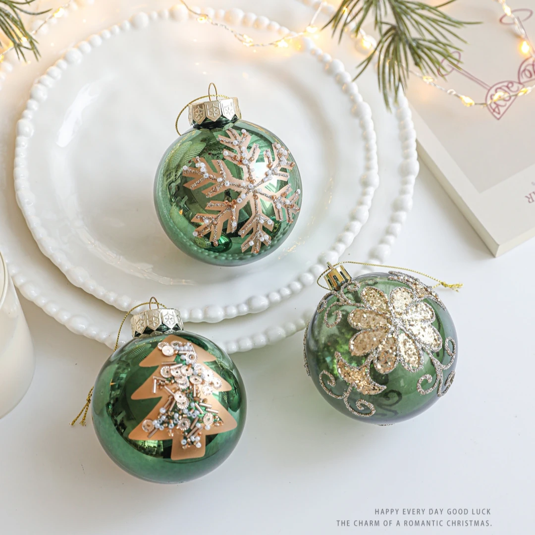 

Christmas Tree Decorations Plastic Gold Glitter Ball Hand-Painted Floral Patterns Ornaments Hand-Painted Green Christmas Ball
