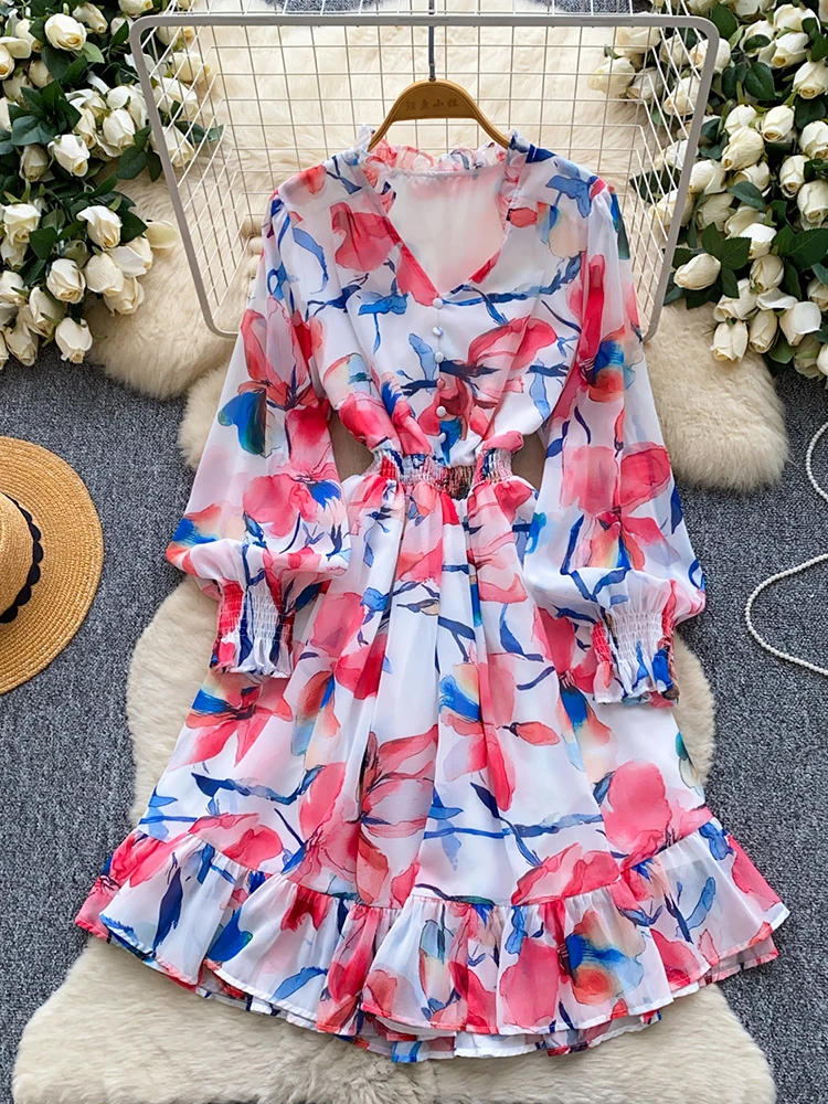Vestido de primavera y verano para mujer, estilo de vacaciones en la playa, cuello en V, estampado Floral, mangas acampanadas, botón, hongo, mini vestidos cortos DS265