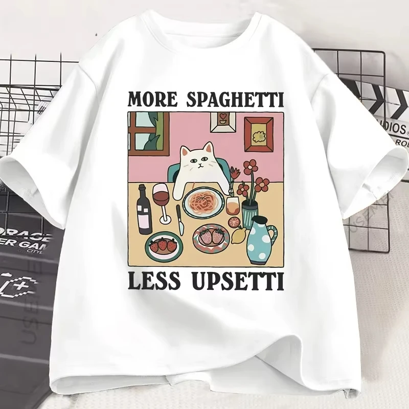 

More Spaghetti Less Upsetti Cat T-Shirts Funny Cat Lover Tee Food Humor Graphic Tops for Women Casual Loose Printed Clothes