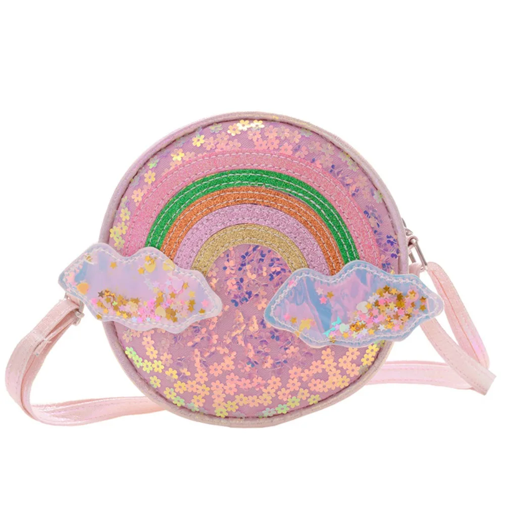 Schöne Kinder niedliche runde Tasche hochwertige Pu Cartoon Regenbogen Pailletten Tasche Geldbörse