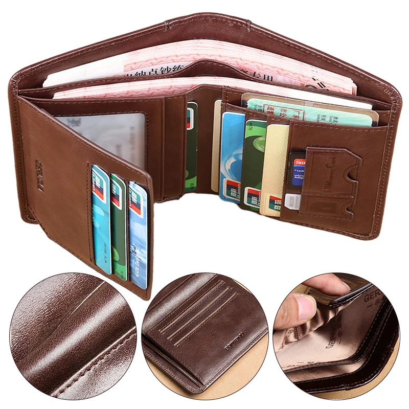 Men's Genuine Leather Trifold Wallet Folded ID Window RFID Signal Blocking Vintage ID Credit Card Hold Money Bag Coin Purse Gift