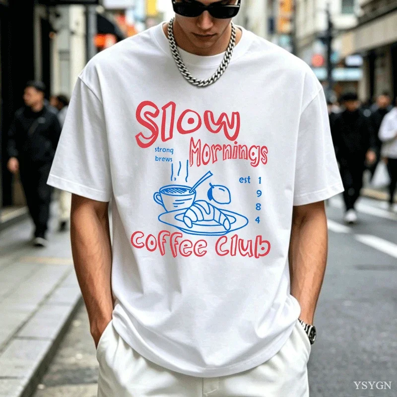 Slow Mornings Graphic Tshirt Men Trendy Coffee Club Tshirt Retro Coffee and Croissant T Shirt Breakfast Club Cotton Clothing Top