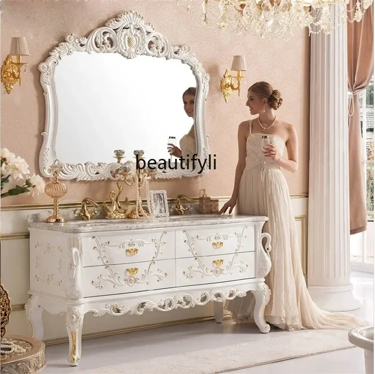 

YH European-Style Bathroom Cabinet Wash Basin Antique Marble Countertop Oak Carved Bathroom Table