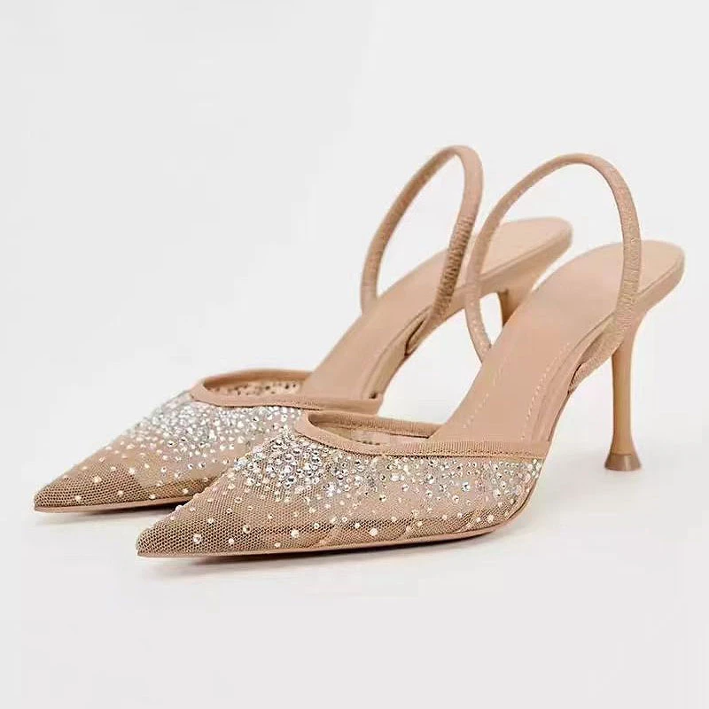 

TRAF Rhinestone Mesh Slingbacks Pumps Point Head Thin High Heel Stilettos For Woman New Luxry Elegant Khaki Sandals Women Shoes