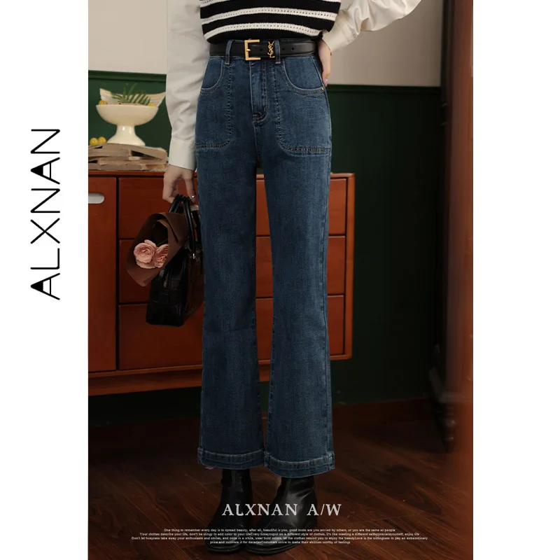 ALXNAN Women's 2026 Autumn Winter Blue Straight Jeans High-waist Cotton Denim Metal Flower Buttons Casual Baggy Pants VPLXN31868