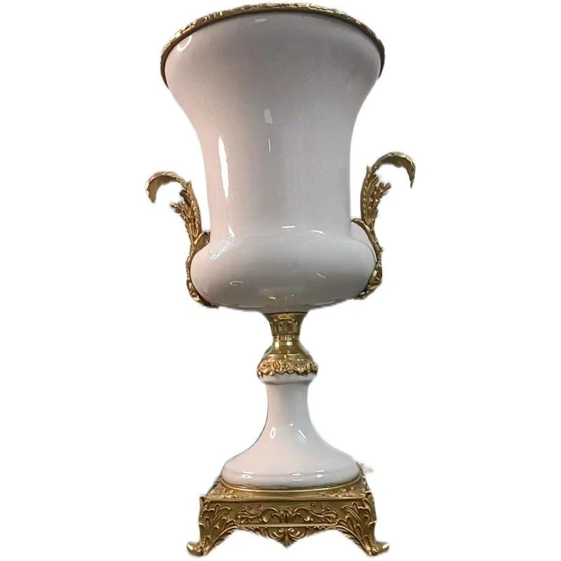 European-Style Copper-Clad Ceramic White Ice Crack Vase Hallway Living Room Coffee Table Villa Luxury Elegant Decoration