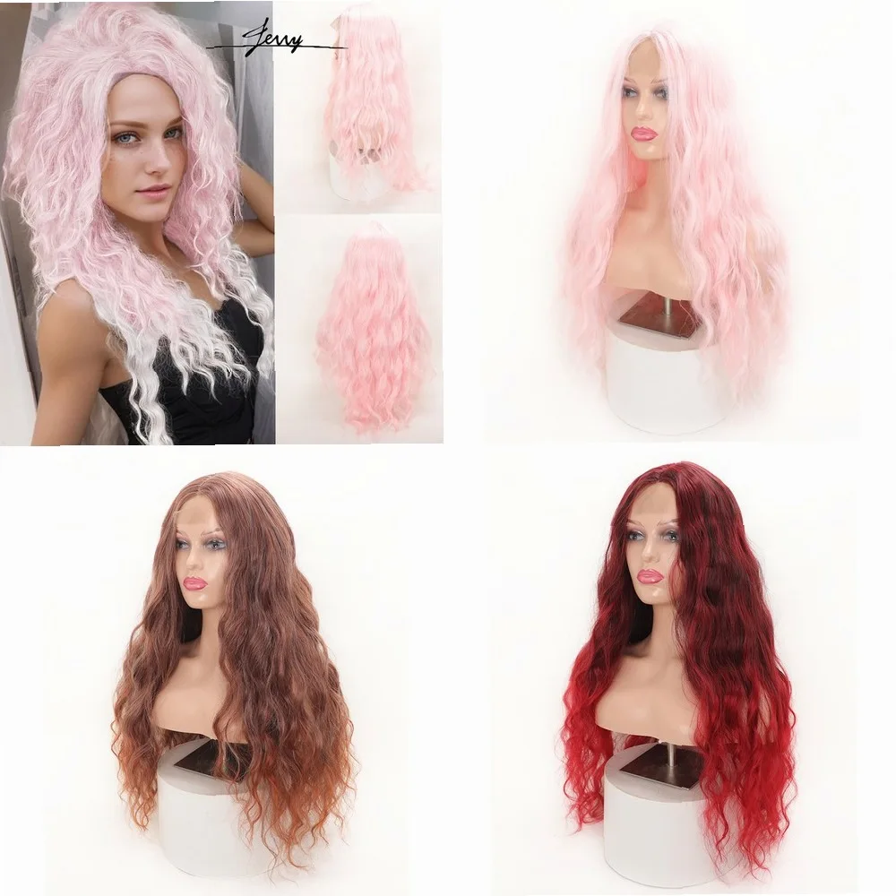 

Длинный кудрявый синтетический парик с цветными прядями и кружевной вставкой спереди для женщин, термостойкий, розовый.
