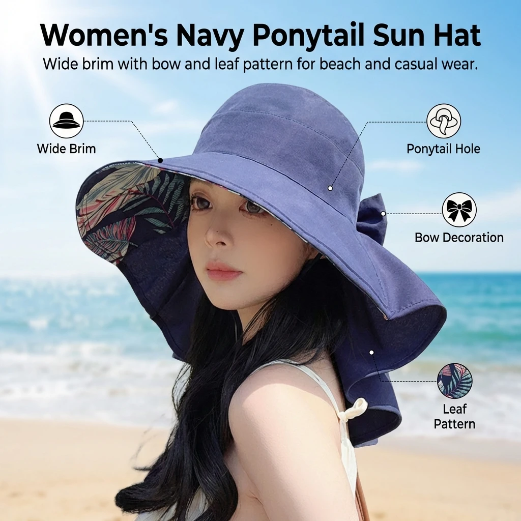

Sun Protection Fisherman Hat With Bow Decor Large Brim Open Top Ponytail Friendly Outdoor Beach Travel Summer UV Protective Hat