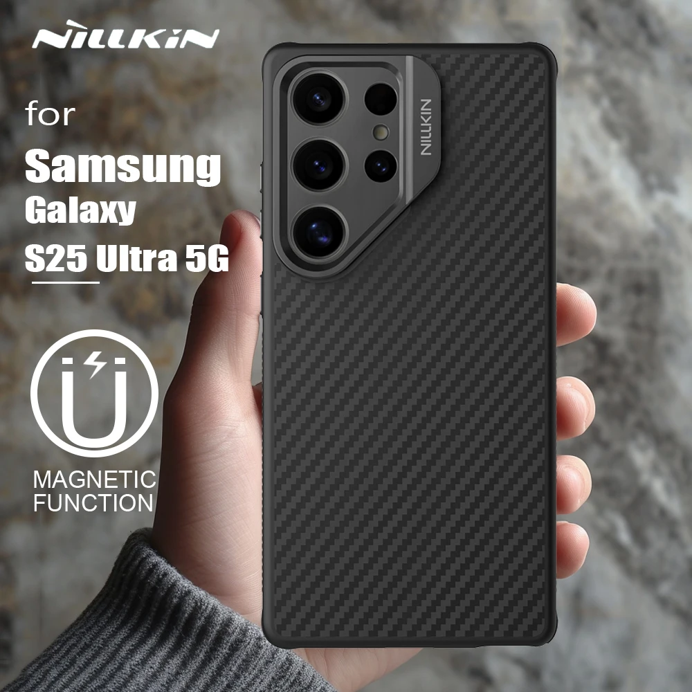 NILLKIN for Samsung Galaxy S25 Ultra 5G case Aramid Fiber Carbo Magnetic Lens Precision hole Camera Stand Protection Cover