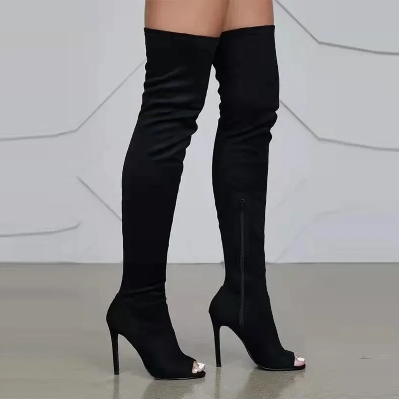 Botas de PU sobre o joelho para mulheres, zíper lateral, boca de peixe, estilete clássico, sapatos da moda, cáqui, novo