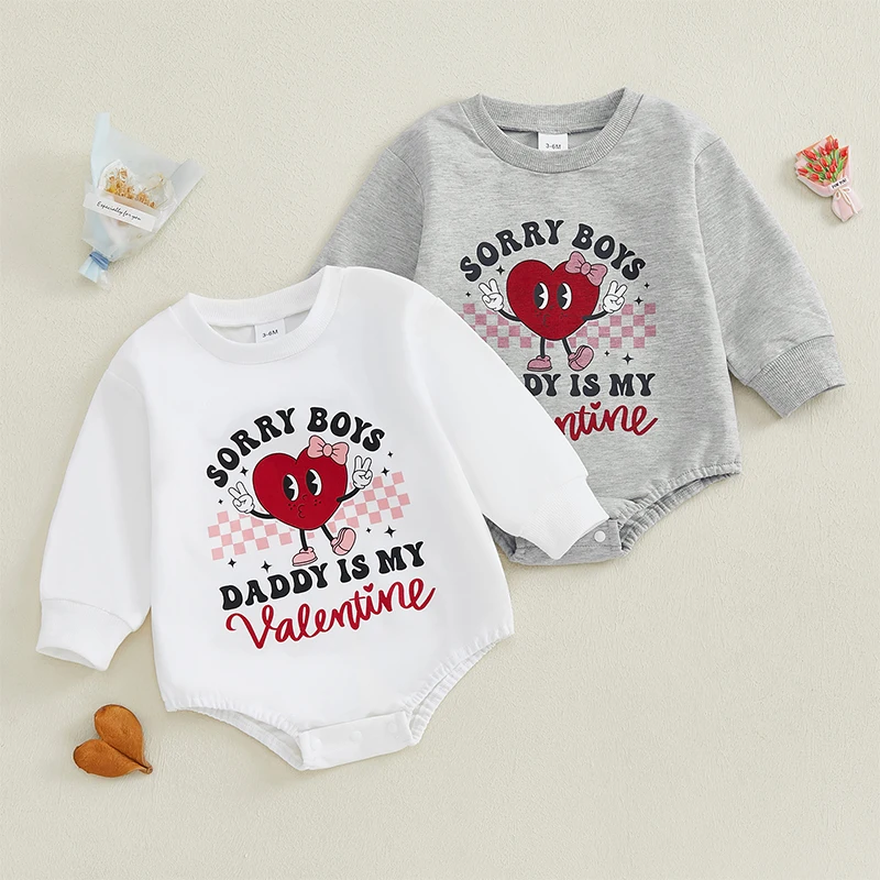 

SUNSIOM 0-18 Months Baby Girl Valentine's Day Romper Heart Letter Print Long Sleeve Crew Neck Bubble Jumpsuit