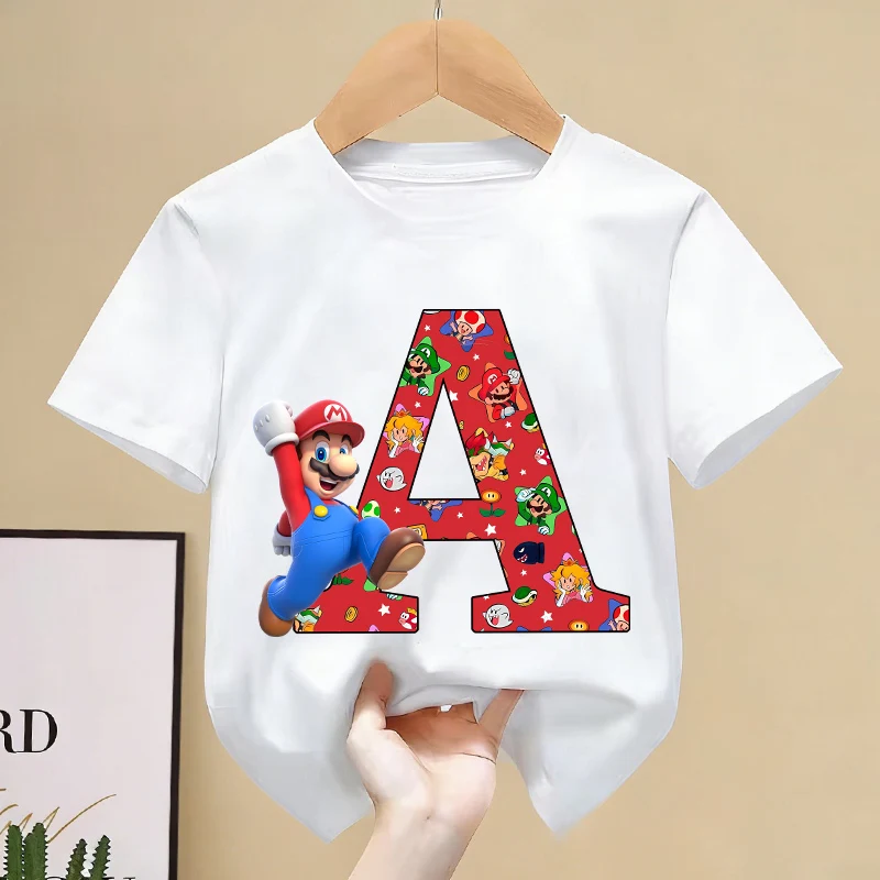 

Футболка Super Mario Bros для детей, новая футболка с буквами A-Z, милая мультяшная одежда с круглым воротником, модная детская белая одежда, подарок