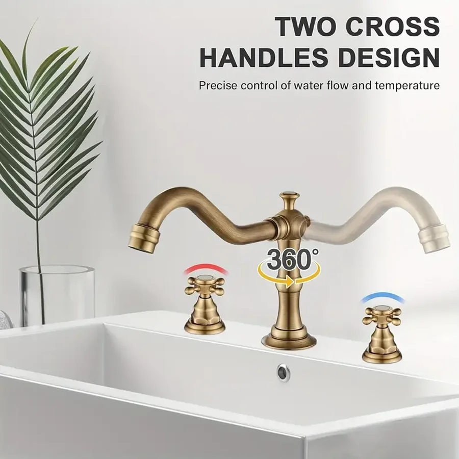 ITAX-WORLD 3Holes Widespread Bathroom Sink Faucet Antique Brass Basin Mixer Tap Faucet Matching Metal Pop Up Drain With Overflow