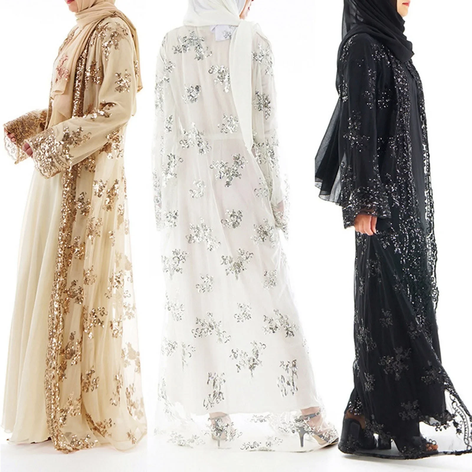 Abaya de lentejuelas florales para mujer, Kimono, cárdigan, Hijab, vestido musulmán, ropa islámica turca, Túnica de caftán de Dubái, caftán Islámico