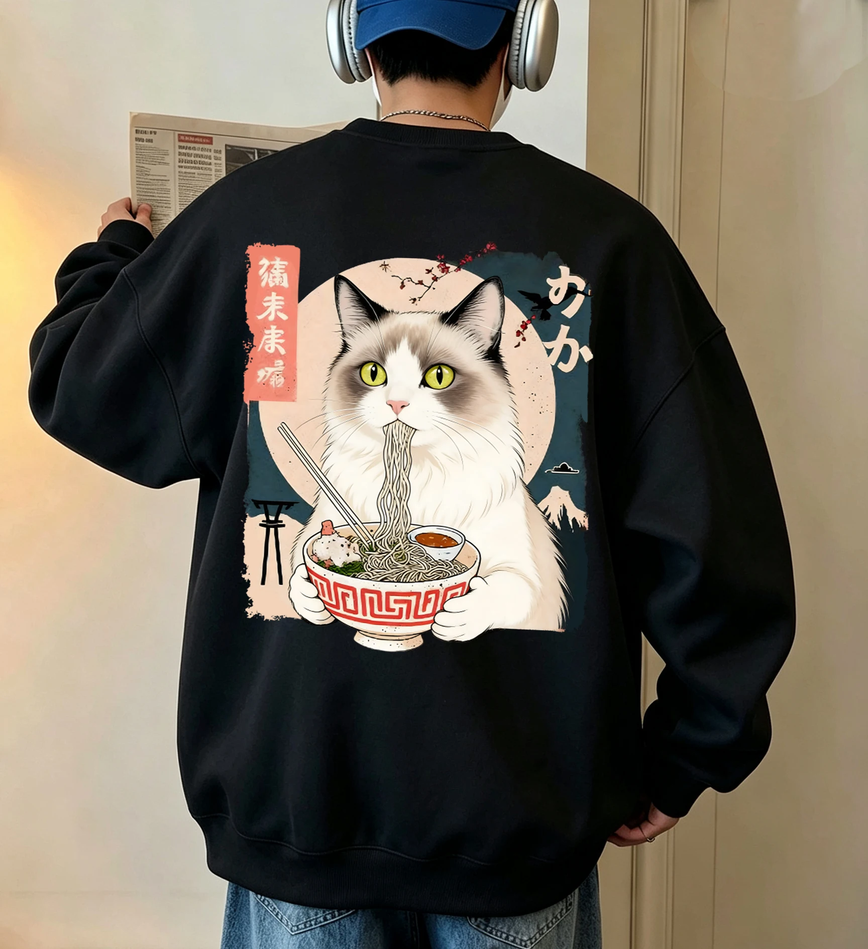 Puppet Cats Who Like To Eat Lamian Noodles Print Men Hip Hop Fashion Sweatshirt O-Neck Daily Long Sleeve Unisex Fleece Pullover