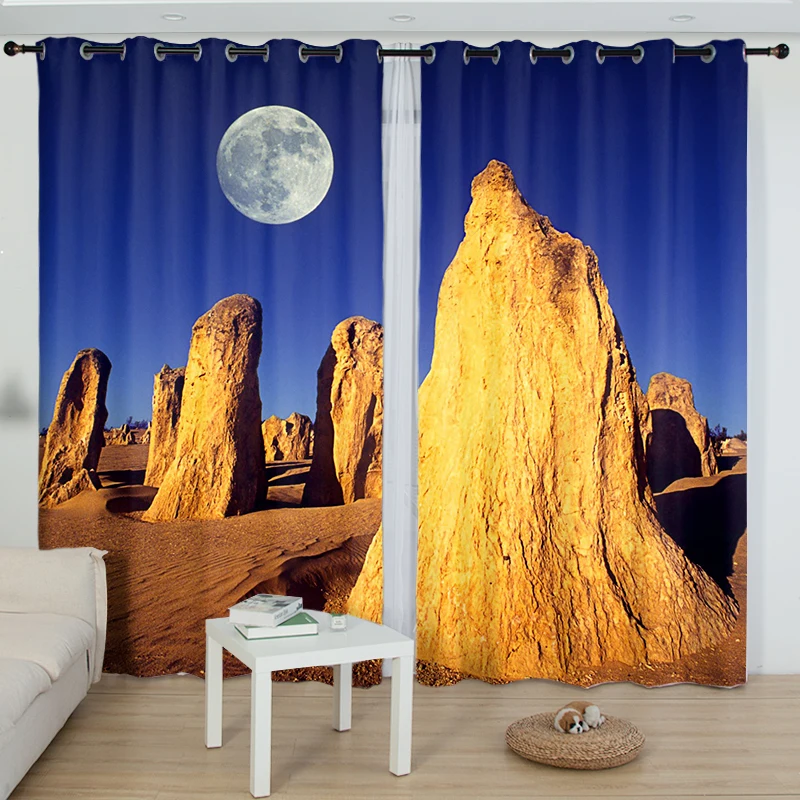 

2PCS Kazakhstan Desert Full Moon Curtain Green Tree Snow Mountain Natural Scenery Curtain for Room Kitchen Window Short cortinas