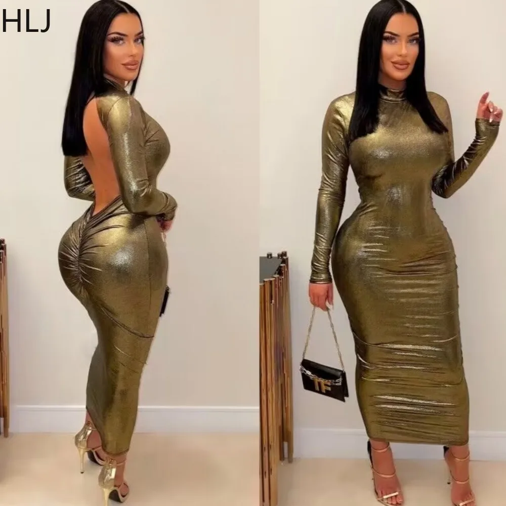 

HLJ Fashion Glossy Backless Bodycon Party Club Dresses Women Round Neck Long Sleeve Slim Dress Sexy Female Slim Pleated Vestidos