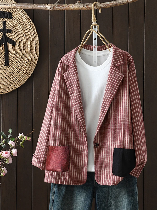

Spring Autumn 2025 New Sle Thin Cotton Linen Casual Striped Patchwork Jaet Color Blo ket Retro Blouse for Women