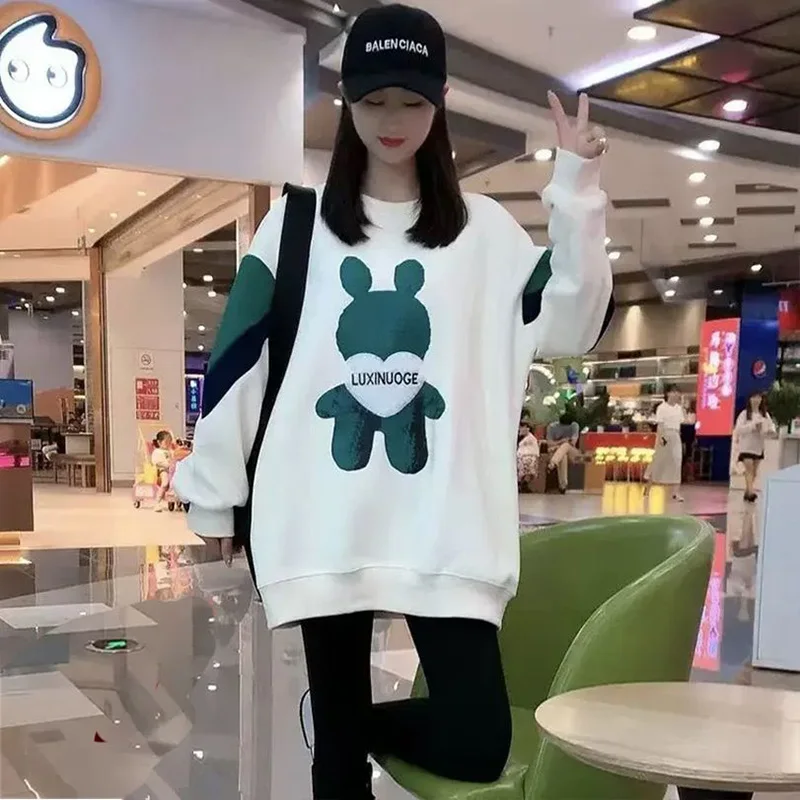 Fashion Spliced Printed Loose Cartoon Sweatshirts Female Clothing 2023 Autumn Winter Oversized Casual Tops Korean Sweatshirts