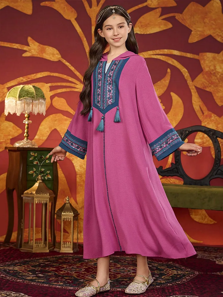 

Eid Muslim Kids Girls Embroidery Hooded Maxi Dress Robe Ramadan Morocco Islamic Children Clothing Arabic Abaya Turkey Casual New