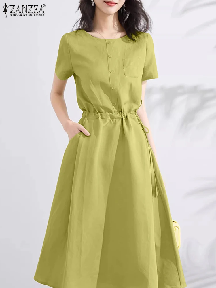 

2024 ZANZEA Summer Elegant Party Work Sundress Women Casual Short Sleeve A-line Dress Fashion Solid Drawstring Waist Vestido