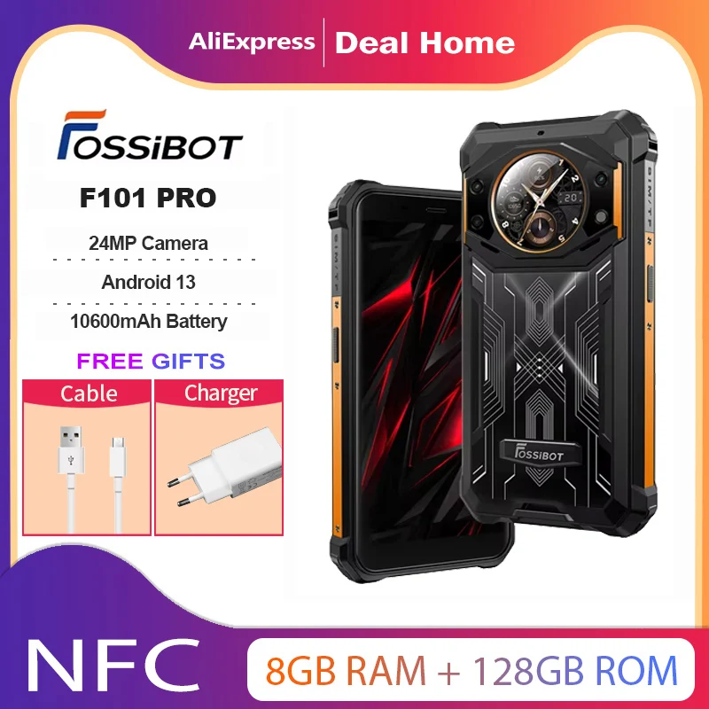 Fossibot F101Pro هاتف ذكي متين 15 جيجابايت + 128 جيجابايت أندرويد 13 IP68 مقاوم للماء هاتف محمول 10600 مللي أمبير NFC إصدار عالمي