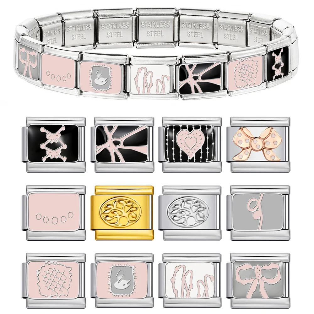 Stainless Steel Bracelet Link fit 9mm Italian Charm Pink Bow Heart Pattern Making DIY Original Design Jewelry Accessories