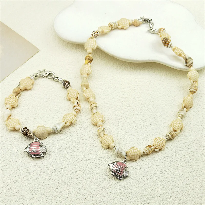 Fashion Sea Turtle Conch Fish Bangle Necklace For Women Men Shell Sea Life Beach Summer Jewelry Handmade Bead Weaving