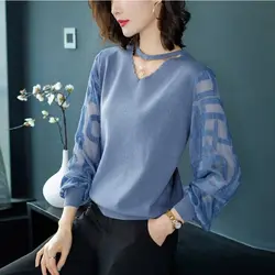 Korean Fashion Spring Sweaters Women's V-Neck Printing Patchwork Hollow Out Elegant All-match Loose Long Sleeve Knitting Tops