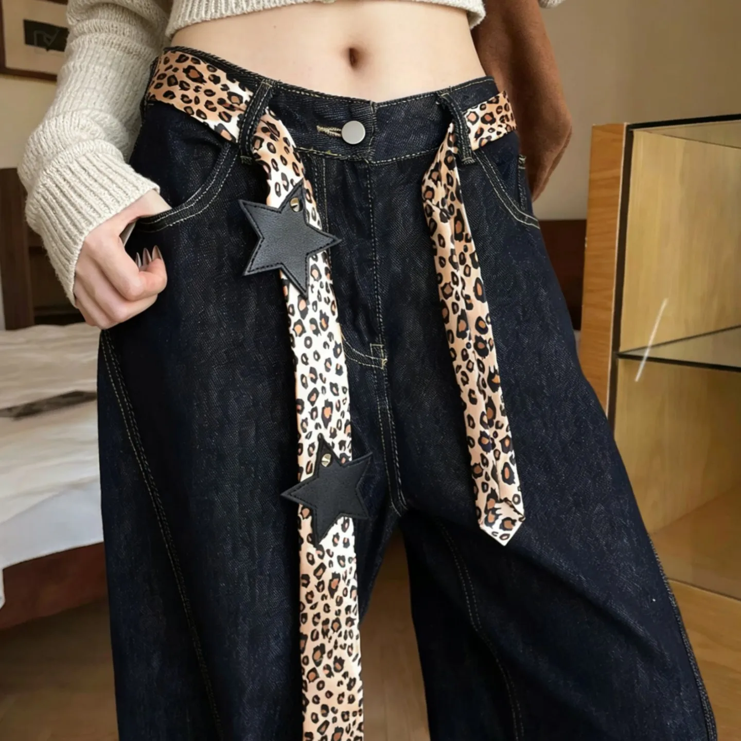 

Vintage Leopard Print Skinny Long Waist Belt PU Leather Star Decor Satin Ribbon for Women Y2K Jewelry Versatile Neck Accessories