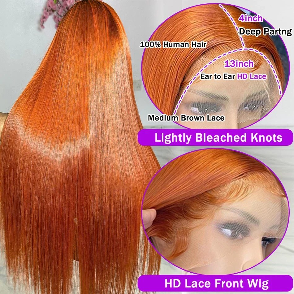 Wig 13x4 hd renda Frontal jahe Wig lurus 13x6 HD renda depan berwarna Wig tanpa lem rambut manusia untuk pilihan wanita