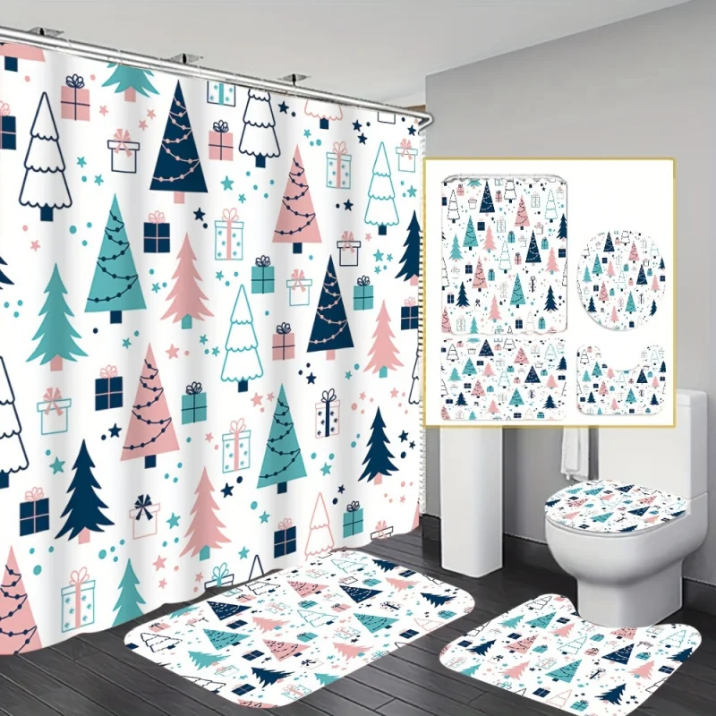 Festive Winter Forest Bathroom Set: Includes 1/4 PCS of Decorative Shower Curtain, Non-Slip Bath Mat, Toilet Seat Cover, Bath Ru