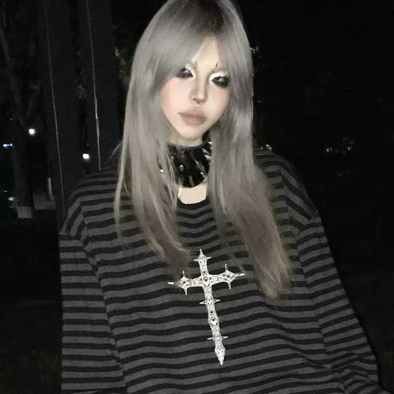Cross Pattern Striped T-shirt Long-sleeved Loose Men's Women's Spring Street Punk Women's Bottoming Top OversizeT-shirt Y2k